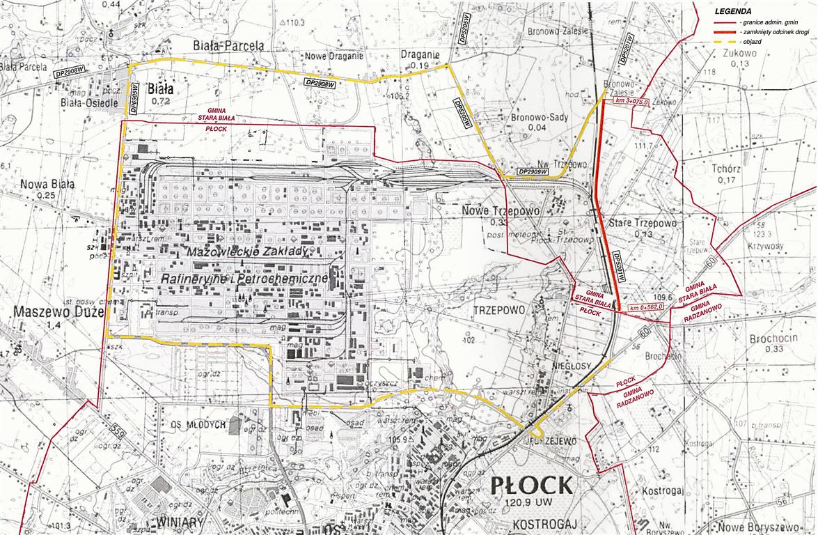 Remont drogi powiatowej. Utrudnienia na trasie Płock – Sierpc. Wyznaczono objazdy! [MAPA]