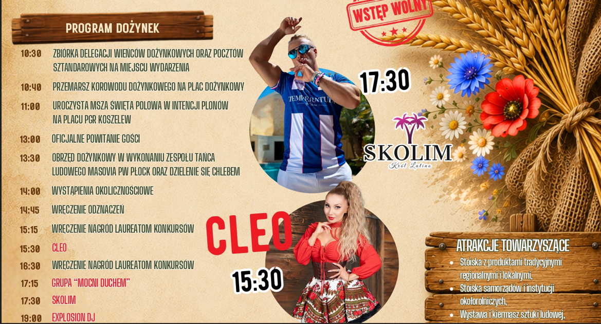 Był czas siewu i zbiorów. Czas na świętowanie. Dożynki Powiatu Płockiego już w niedzielę. Na scenie m.in. wystąpią Cleo i Skolim… [PROGRAM]